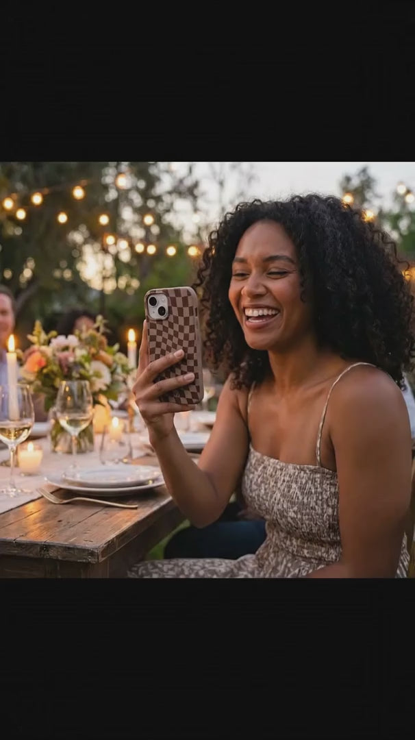 Chocolate Brown Cafe Check iPhone 16 Pro Max Case - Product video demonstration