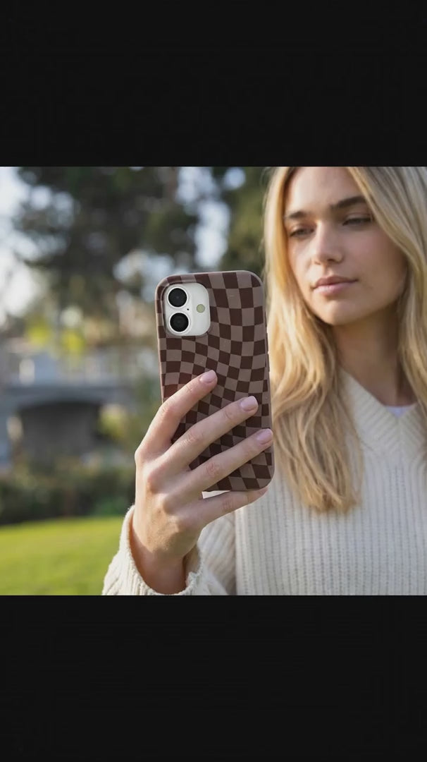 Chocolate Brown Cafe Check iPhone 16 Case - Product video demonstration