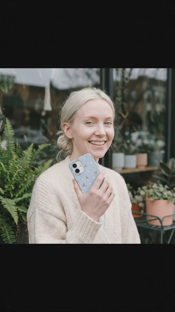 Powder Blue Sweet Cherries iPhone 15 Pro Case - Product video demonstration